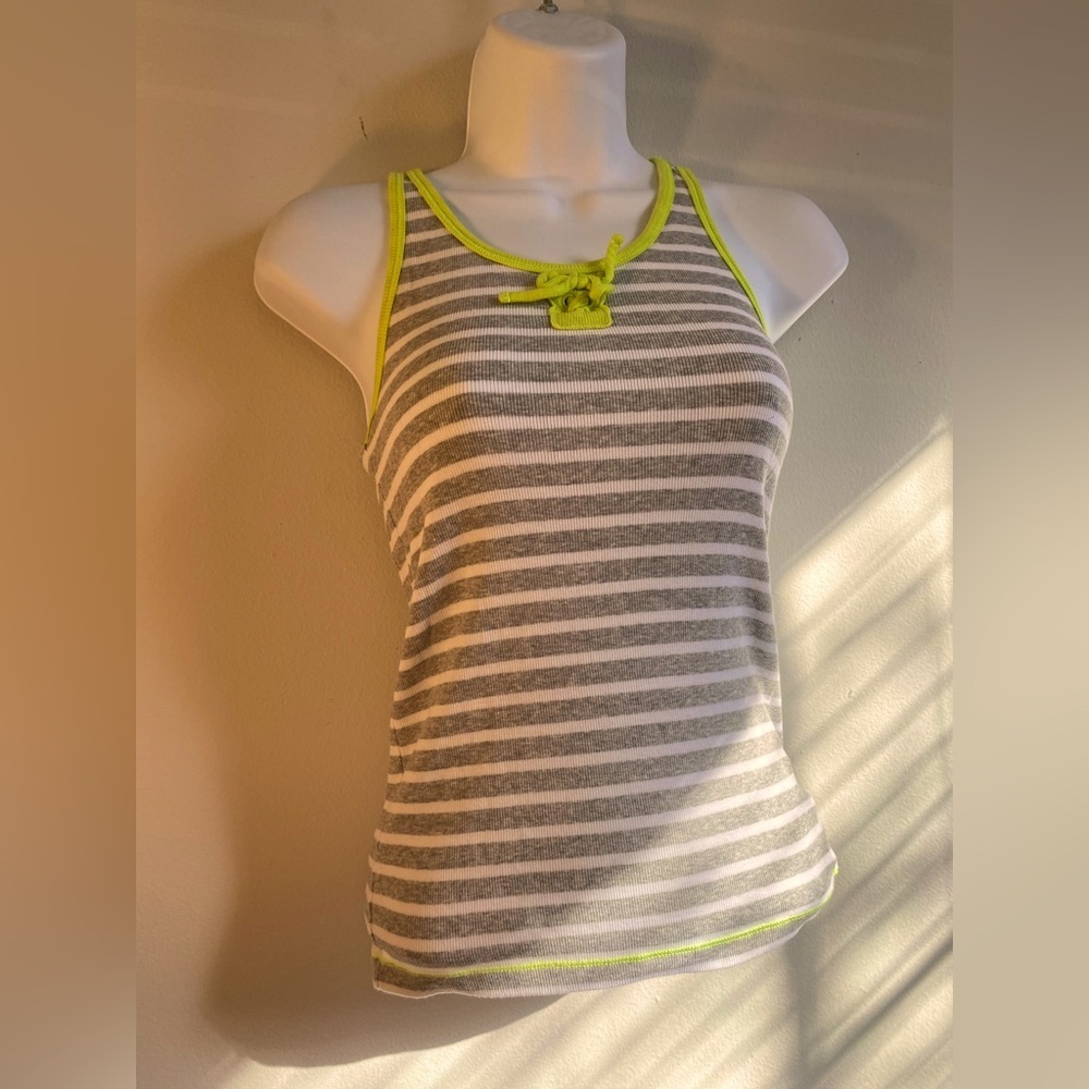 P.S. Large (10-12) Kids Tank Top Gray with Neon Green Stripes